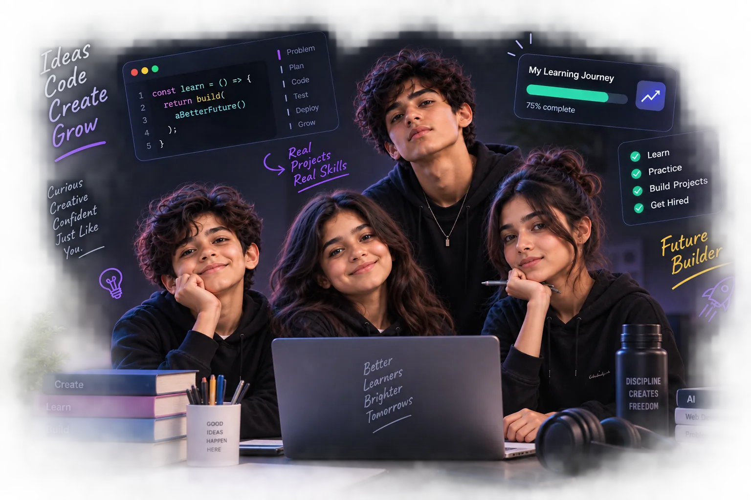 Four students smiling around a laptop, coding and learning together at KAERON